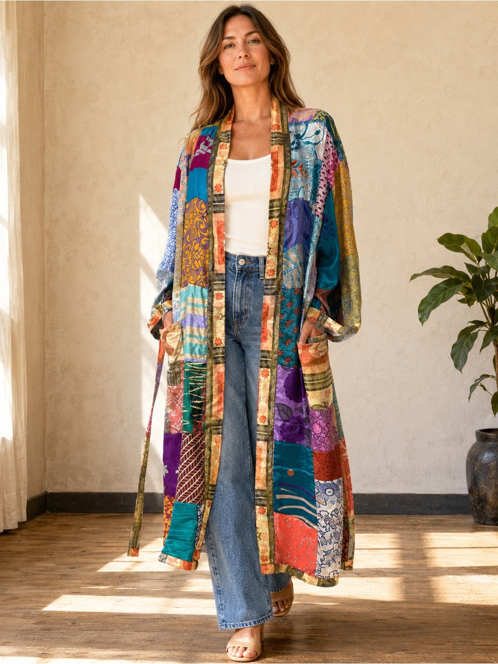 Reversible Silk Patchwork Kimono Robe Duster Boho Art to Wear #151